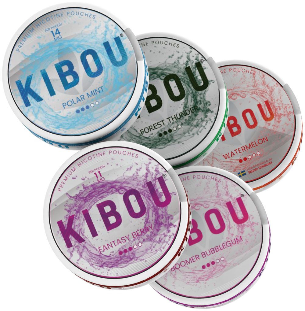 Five KIBOU flavours fanned out: Polar Mint, Forest Thunder, Watermelon, Fantasy Berry and Boomer Bubblegum