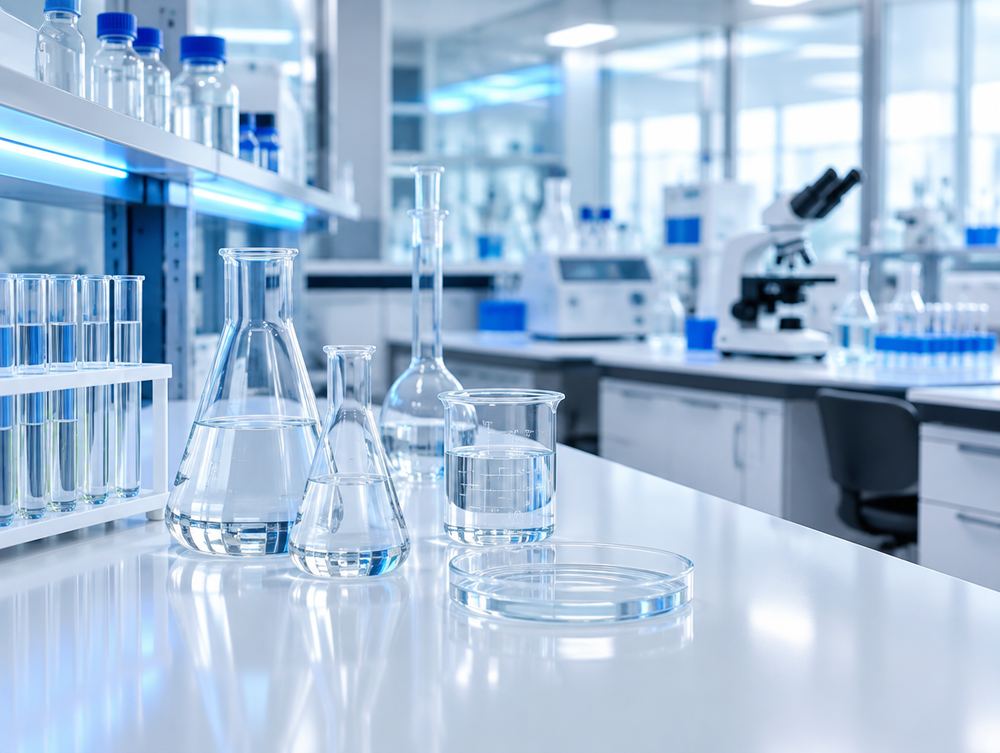 Laboratory glassware on a clean white bench in a modern research facility