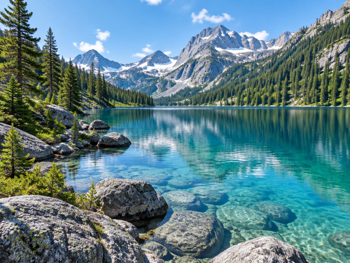 A clear European mountain lake ringed by pine forest