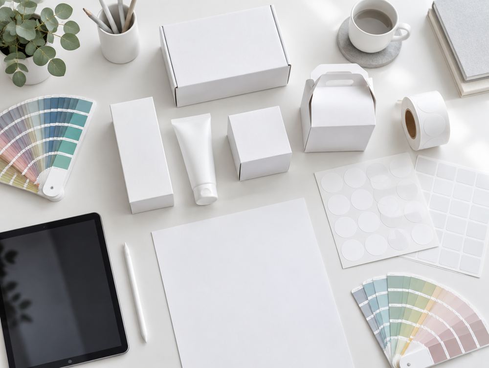 Blank packaging mockups and colour swatches on a designer's desk